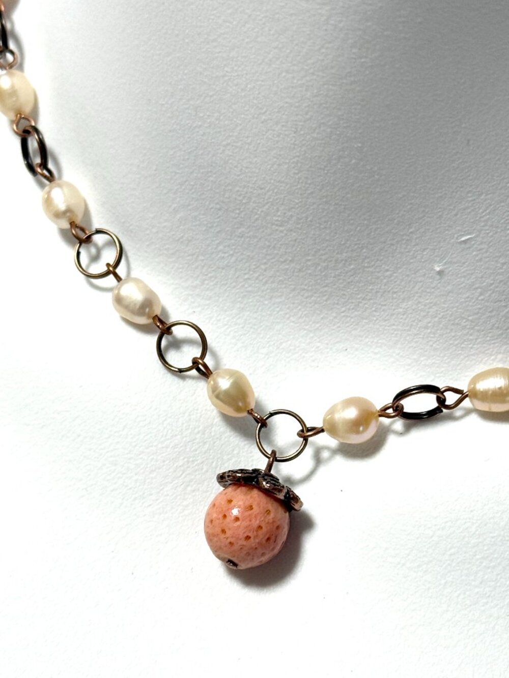 Pale Pink Freshwater Pearl Short Necklace with Cute Coral Pendant, Copper Links